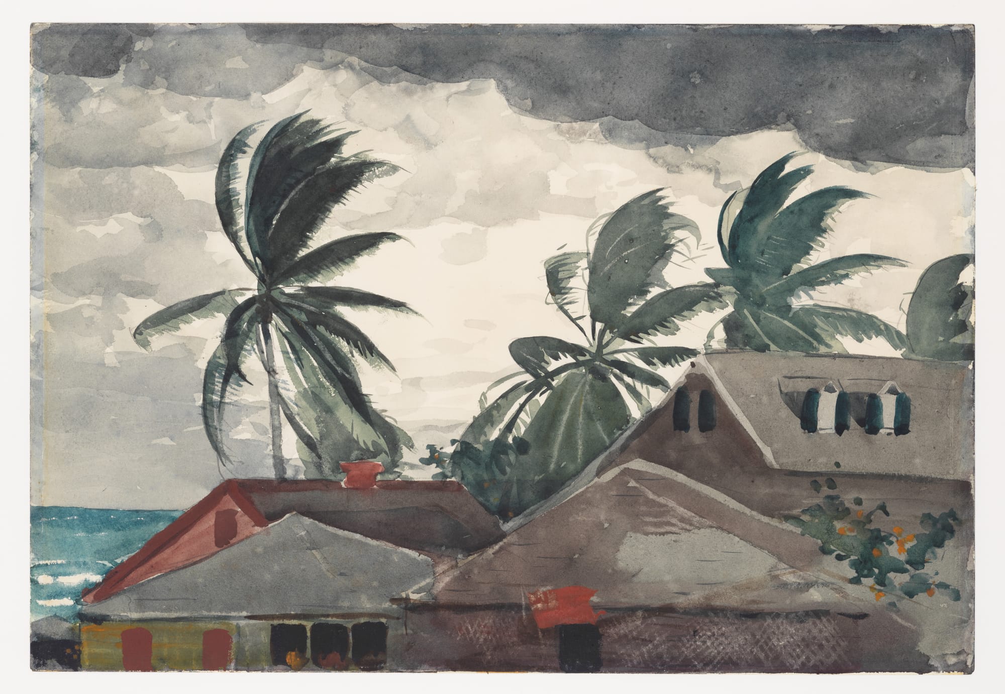 watercolor painting of the Bahamas during a hurricane, dark clouds in the sky and palm trees being pushed by the wind